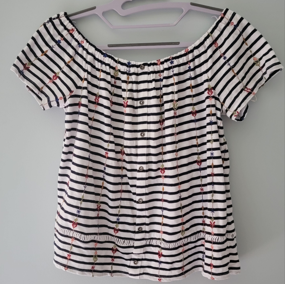 LUCKY BRAND | Striped Embroidered Blouse